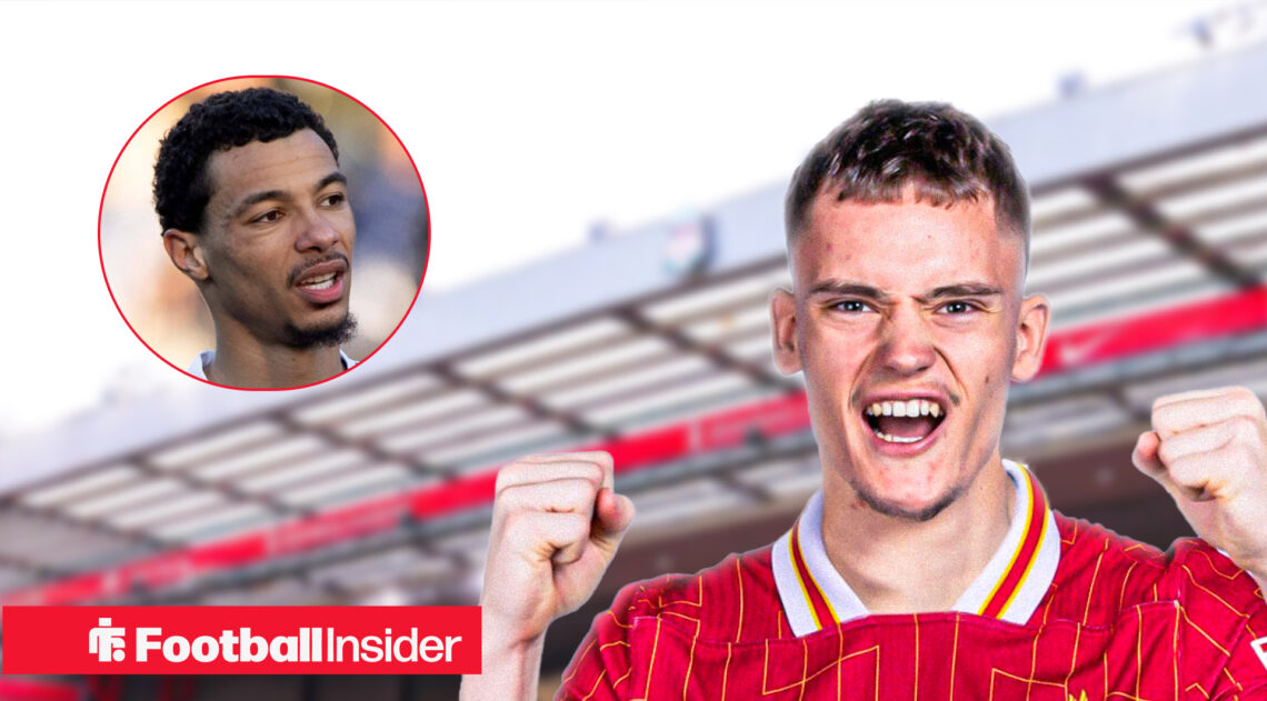 Florian Wirtz in a Liverpool shirt celebrating against a back drop of Anfield alongside a head shot of team mate Hugo Ekitike.