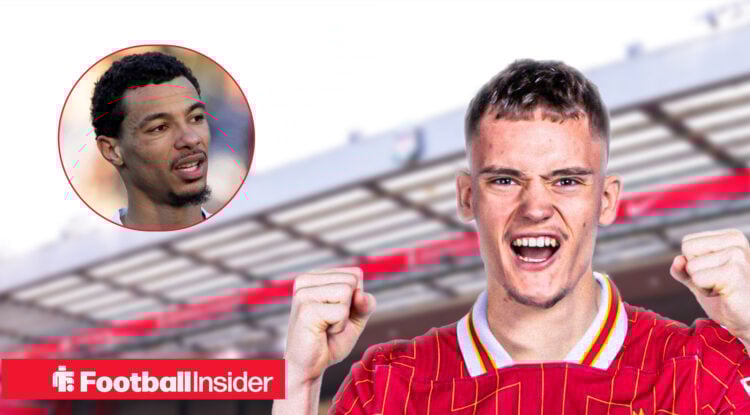 Florian Wirtz in a Liverpool shirt celebrating against a back drop of Anfield alongside a head shot of team mate Hugo Ekitike.