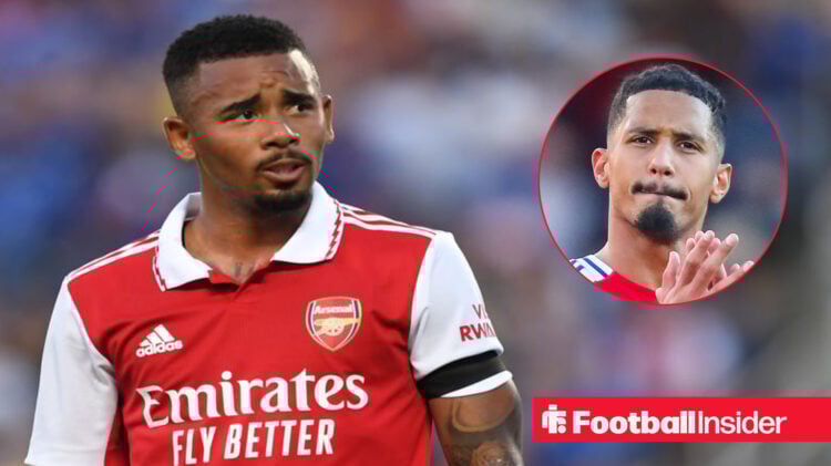 Gabriel Jesus in a red home Arsenal shirt alongside a headshot of Gunners defender William Saliba.