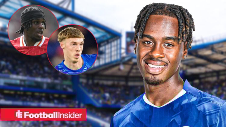 Cole Palmer and Jeremie Frimpong look at Chelsea;s new man Jamie Gittens