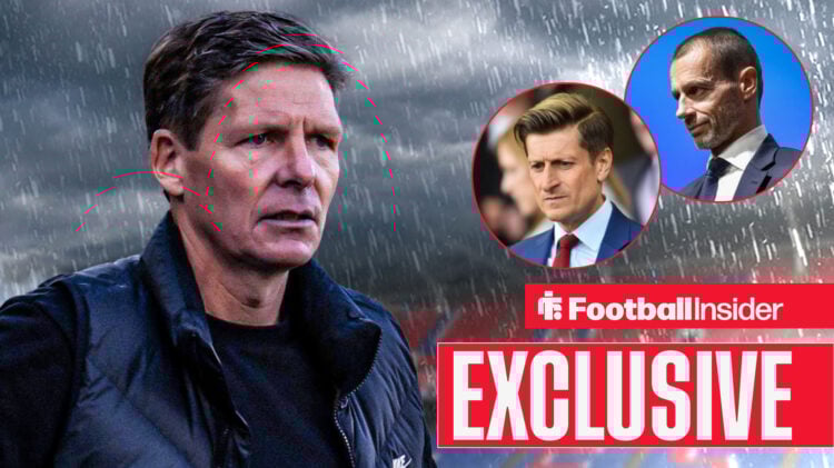Exclusive news Crystal Palace manager looks on at owner Steve Parish and UEFA's Aleksander Ceferin