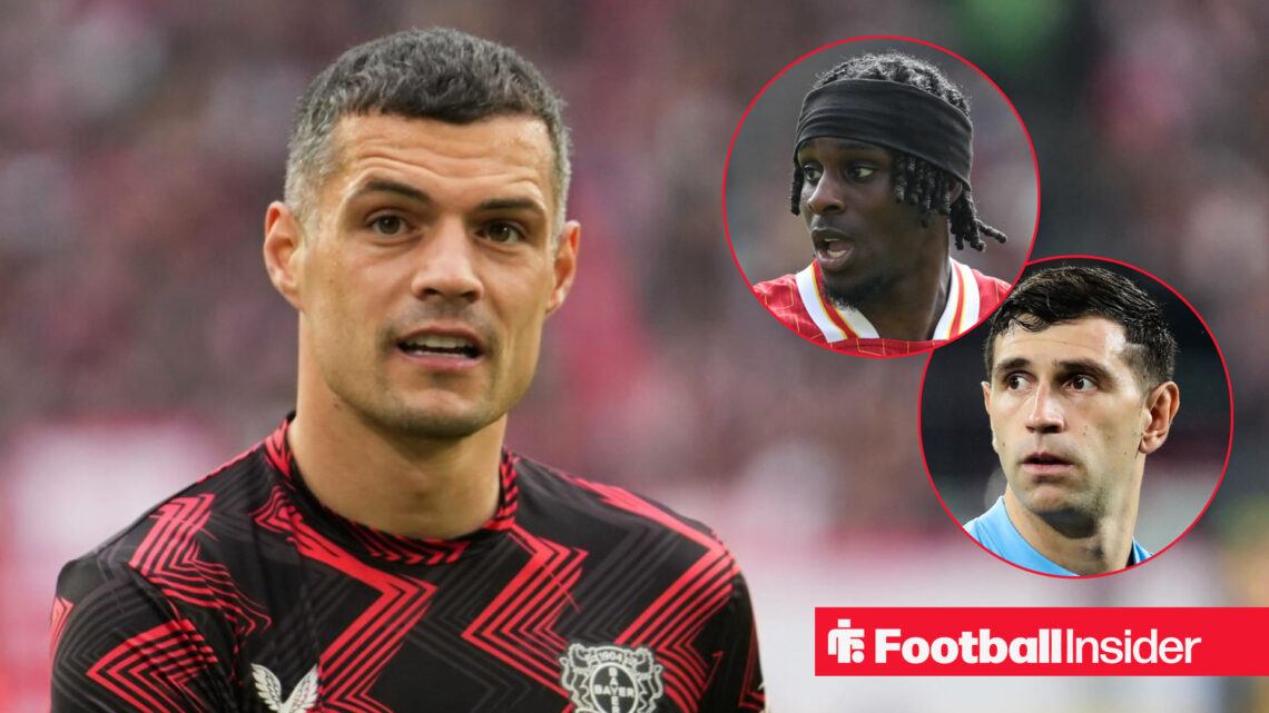 Bayer Leverkusen's Granit Xhaka, Liverpool's Jeremie Frimpong and Aston Villa's Emi Martinez all in action