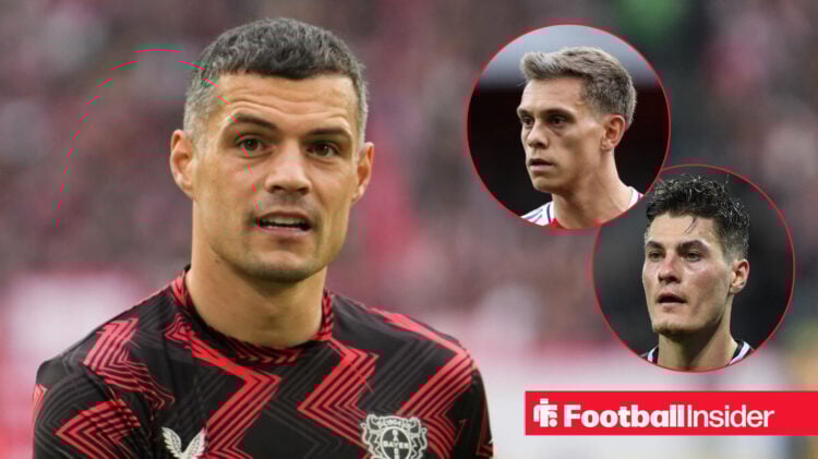 Bayer Leverkusen players Granit Xhaka and Patrik Schick, and Arsenal's Leandro Trossard