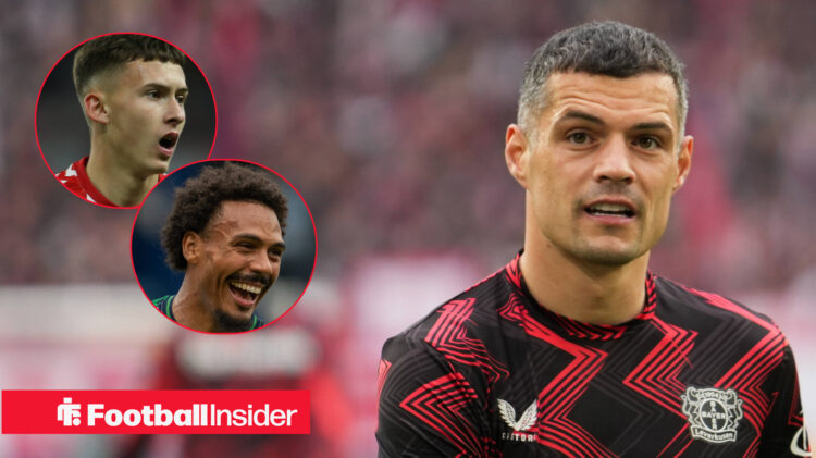 Granit Xhaka in a Bayer Leverkusen training shirt alongside head shots of Sunderland players Wilson Isidor and Chris Rigg.