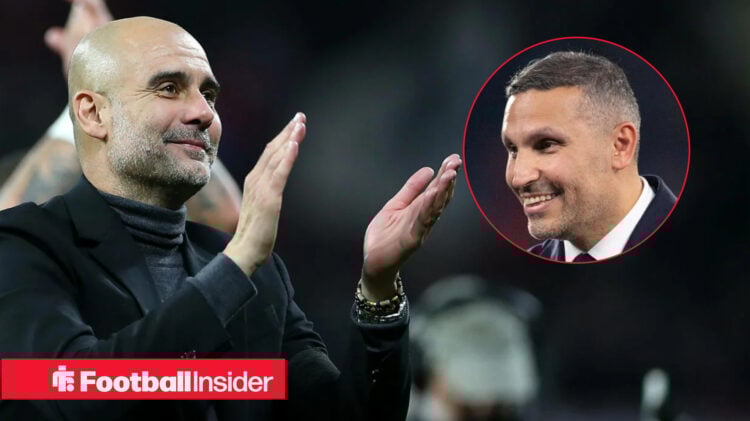 Pep Guardiola smiling, Al Mubarak in a circular inset.