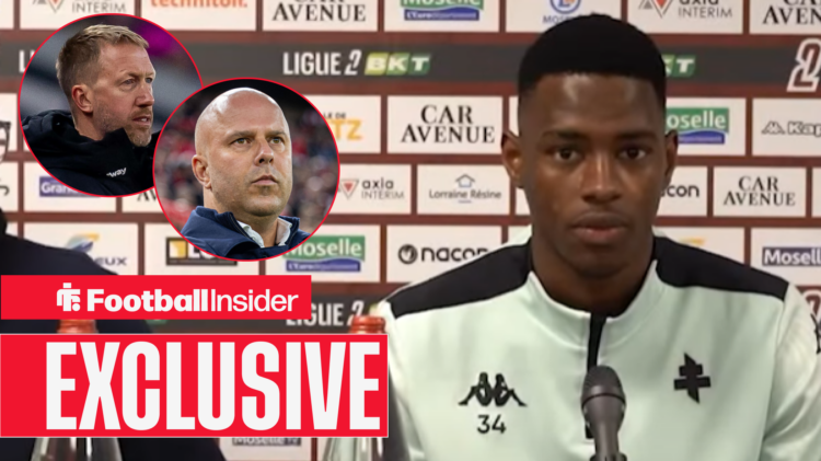 Exclusive news Metz striker Idrissa Gueye in a press conference as Liverpool manager Arne Slot and West Ham's Graham Potter look on