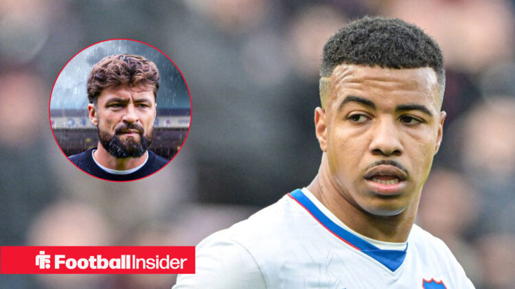 Rangers' Hamza Igamane in action and manager Russell Martin looking sad