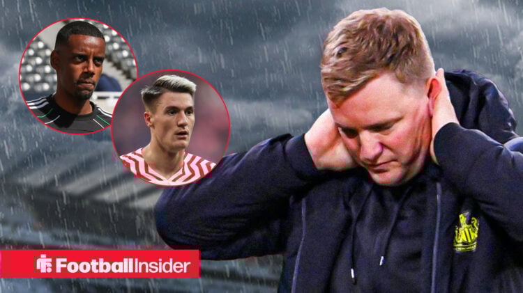 Eddie Howe holds his head in his hands as Newcastle's Alexander Isak and RB Leipzig's Benjamin Sesko look on