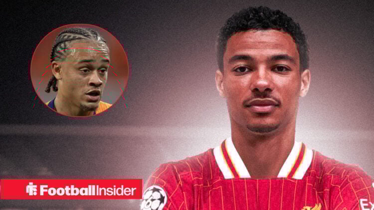 Hugo Ekitike poses in a Liverpool shirt alongside a headshot of Xavi Simons.