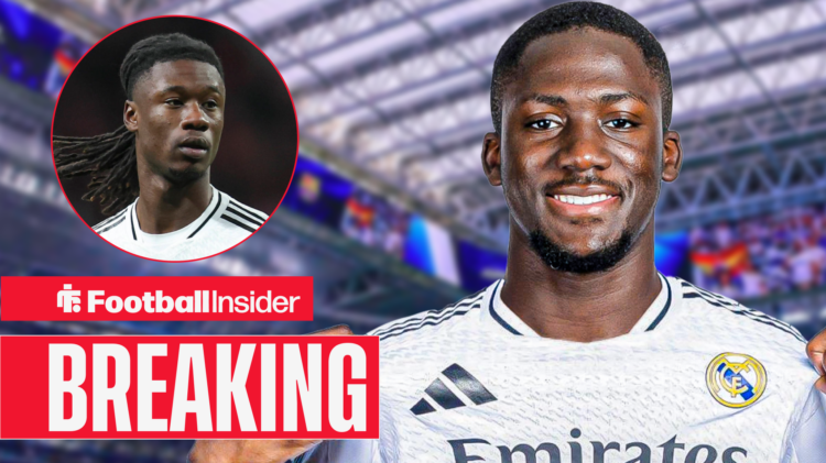 Ibrahima Konate in a Real Madrid shirt and Real Madrid's Eduardo Camavinga in action