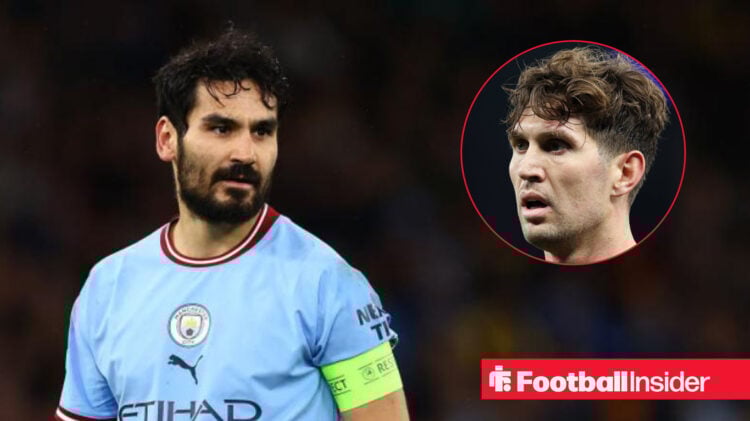 Ilkay Gundogan in a Manchester City home shirt with the captain's armband on alongside a head shot of team mate John Stones.