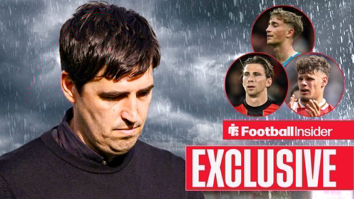 Bournemouth manager Andoni Iraola hangs his head as Dean Huijsen, Milos Kerkez and Ilya Zabarnyi look on