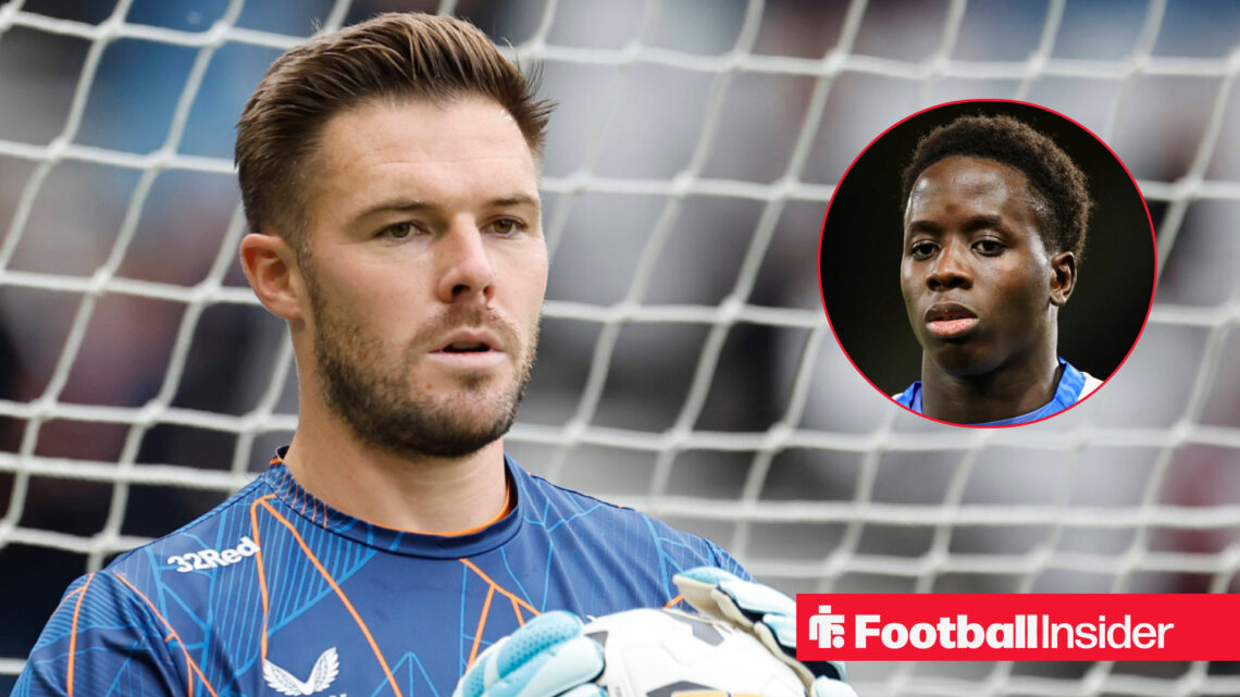 Rangers players Jack Butland and Djeidi Gassama in action