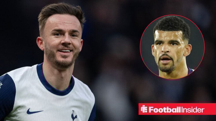 James Maddison in a Spurs home shirt alongside a head shot of striker Dominic Solanke