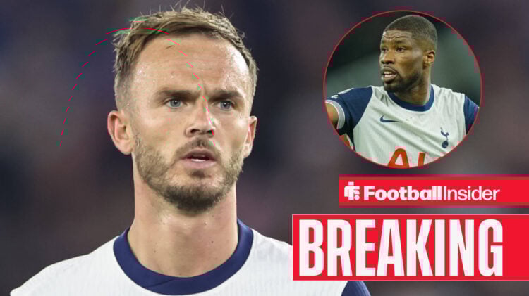 Breaking News Tottenham's James Maddison frowning and Kevin Danso pointing