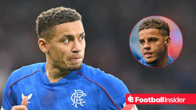 Rangers' James Tavernier and Max Aarons in action looking at each other