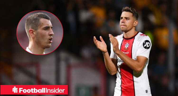 Jan Bednarek in a Southampton away shirt clapping supporters alongside a head shot of Arsenal defender Jakub Kiwior.