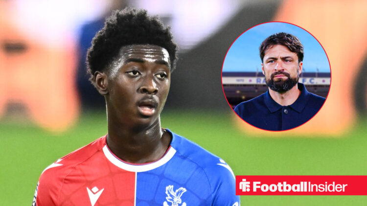 Crystal Palace's Jesurun Rak-Sakyi looks at Rangers boss Russell Martin at Ibrox