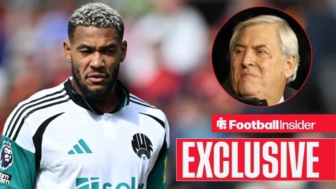 Joelinton in an away Newcastle shirt alongside a head shot of former referee Keith Hackett.