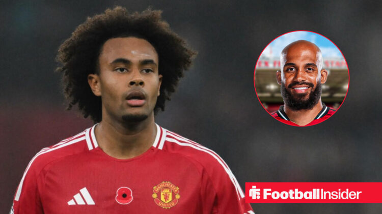 Man United's Joshua Zirkzee in action and Bryan Mbeumo