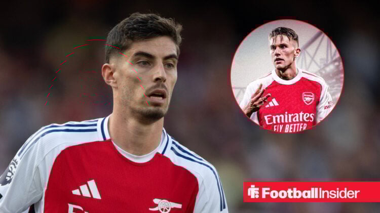 Kai Havertz looks at Viktor Gyokeres in Arsenal colours