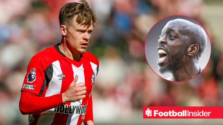 Keane-Lewis-Potter in action in a Brentford home kit, alongside a headshot of team mate Yoane Wissa.