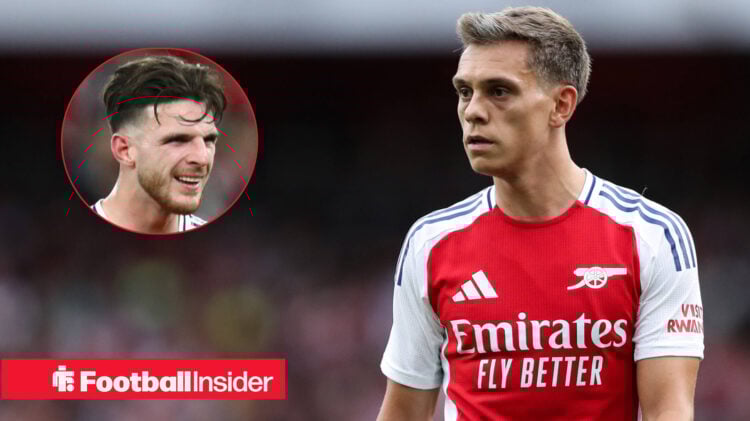Leandro Trossard in an Arsenal home kit, alongside a headshot of Declan Rice.
