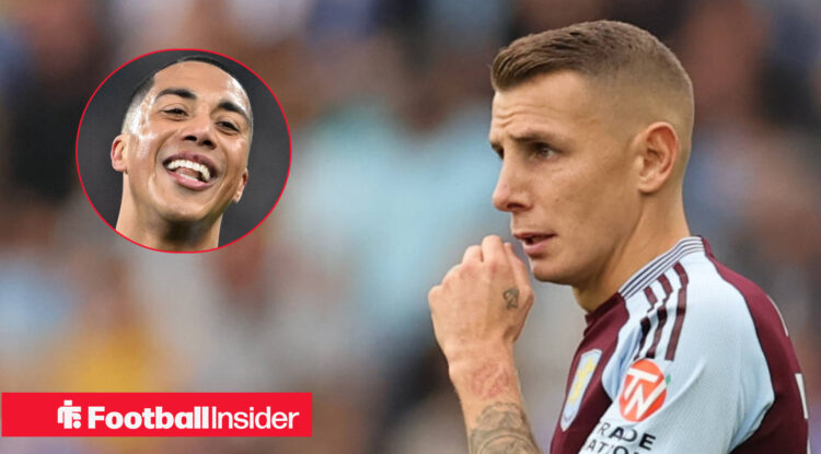 Lucas Digne in an Aston Villa home shirt looking at a head shot of team mate Youri Tielemans.