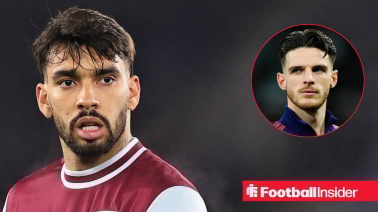 West Ham's Lucas Paqueta and Declan Rice of Arsenal