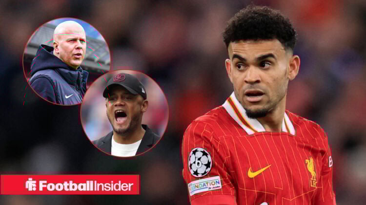 Luis Diaz, Arne Slot and Vincent Kompany