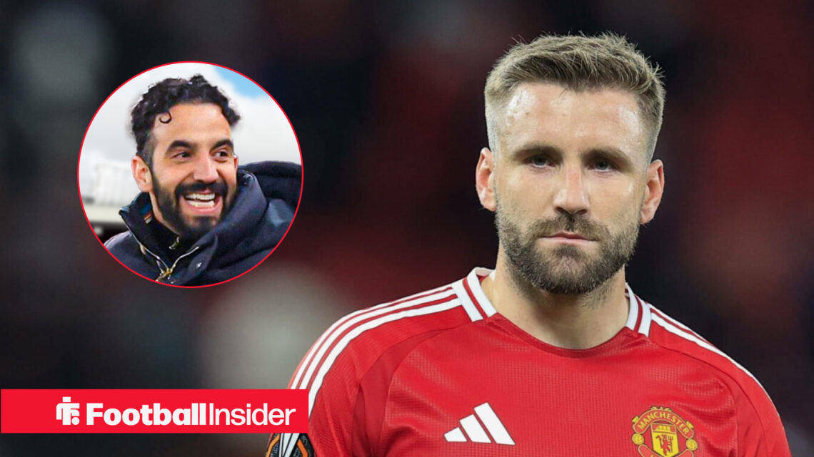 Luke Shaw of Man United and manager Ruben Amorim looking happy