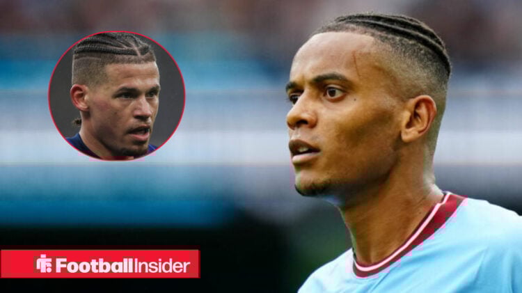 Manchester City defender Manuel Akanji in a home shirt alongside a head shot of Kalvin Phillips.