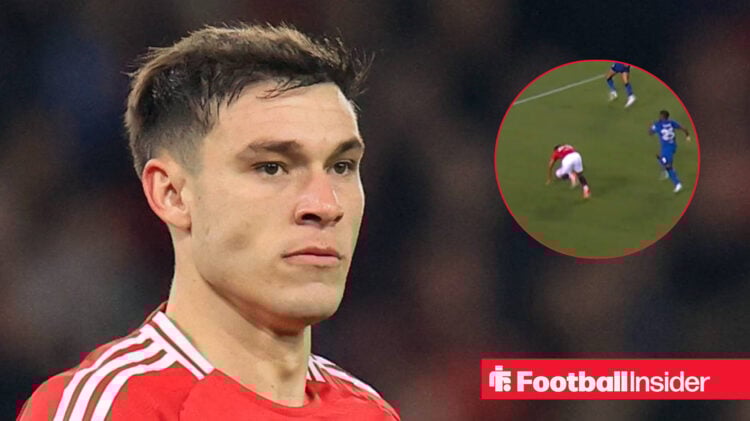 Man United's Manuel Ugarte in action and a snapshot of Diego Leon falling over vs Bournemouth