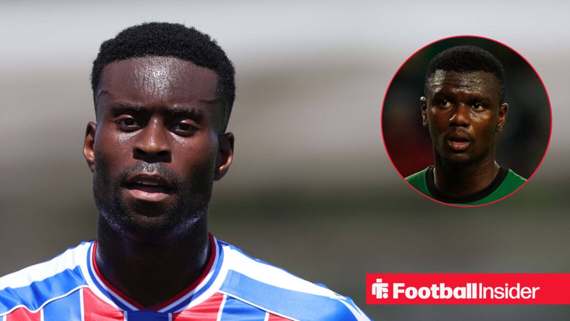 Marc Guehi in a Crystal Palace home shirt alongside a head shot of Sporting Lisbon defender Ousmane Diomande.