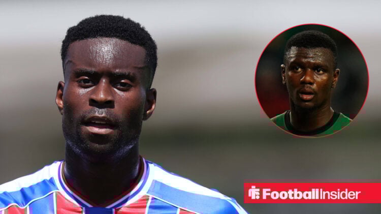 Marc Guehi in a Crystal Palace home shirt alongside a head shot of Sporting Lisbon defender Ousmane Diomande.