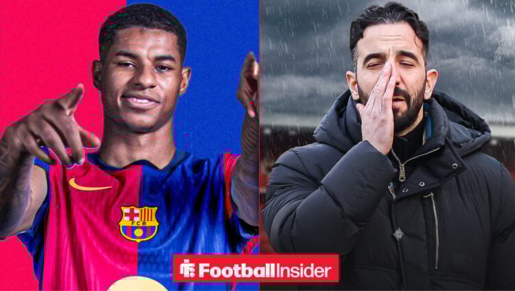 Marcus Rashford in a Barcelona shirt and Ruben Amorim looking sad