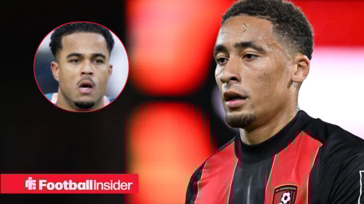 Marcus Tavernier in a Bournemouth home shirt alongside a head shot of team mate Justin Kluivert.