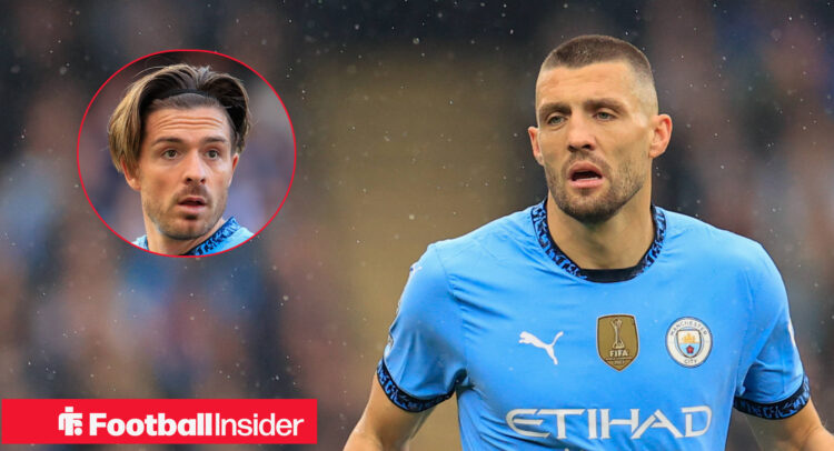 Mateo Kovacic in action in a Manchester City home shirt in wet conditions alongside a head shot of team mate Jack Grealish.