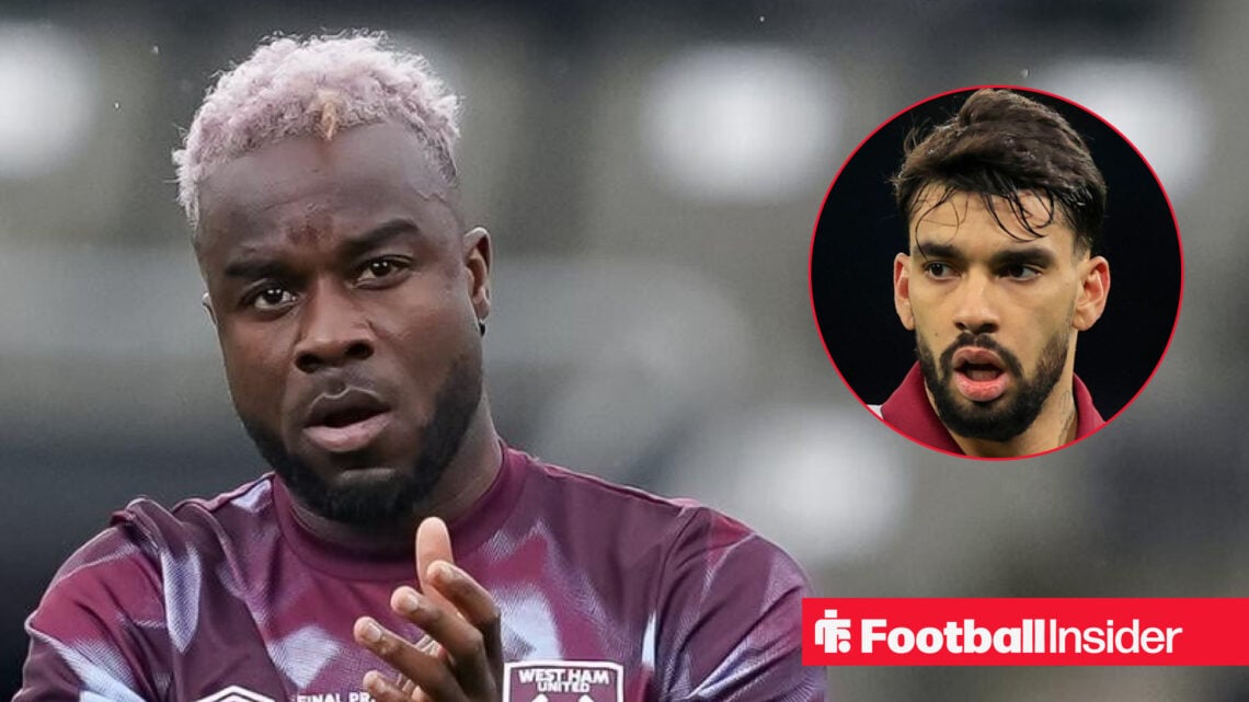 Maxwel Cornet in a West Ham training shirt clapping the fans alongside a head shot of team mate Lucas Paqueta.