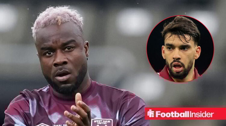Maxwel Cornet in a West Ham training shirt clapping the fans alongside a head shot of team mate Lucas Paqueta.