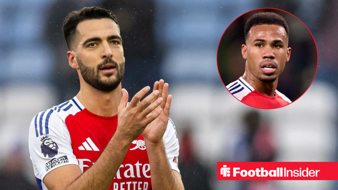 Mikel Merino in action for Arsenal as Gabriel Magalhaes looks on