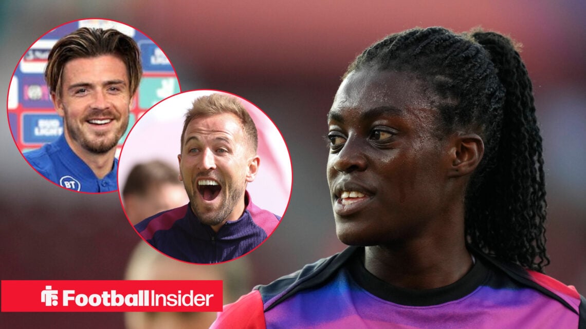 Michelle Agyemang in England training gear looks at delighted Harry Kane and Jack Grealish