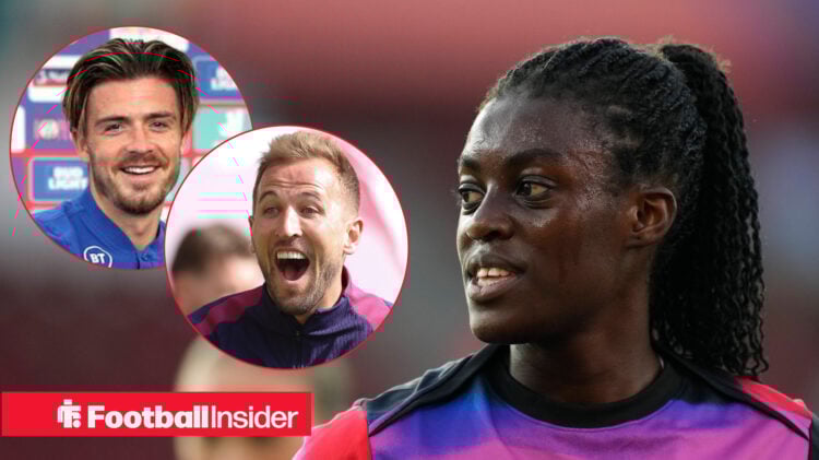 Michelle Agyemang in England training gear looks at delighted Harry Kane and Jack Grealish