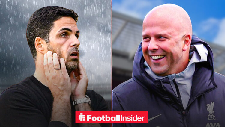 Happy Arne Slot laughs at despairing Mikel Arteta in the rain