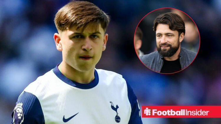 Rangers boss Russell Martin smiles at Tottenham's Mikey Moore