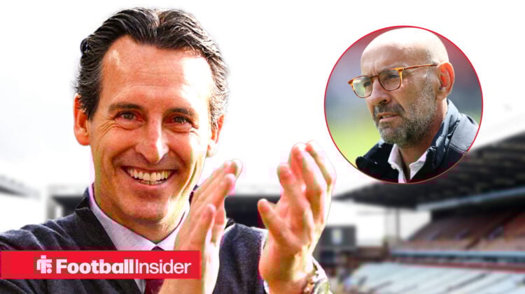 Monchi in a circular inset, Unai Emery smiling