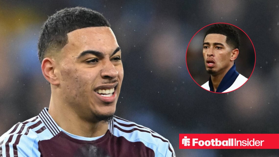 Aston Villa's Morgan Rogers looking annoyed, Real Madrid's Jude Bellingham