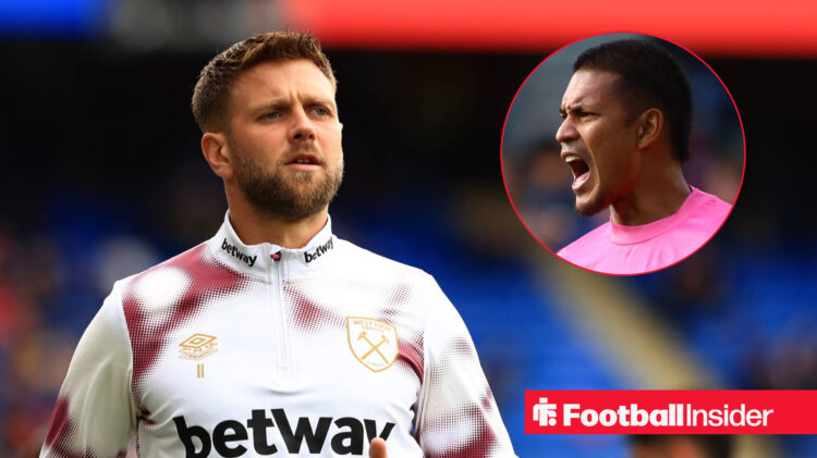 Niclas Fullkrug in West Ham training gear and Alphonse Areola shouting