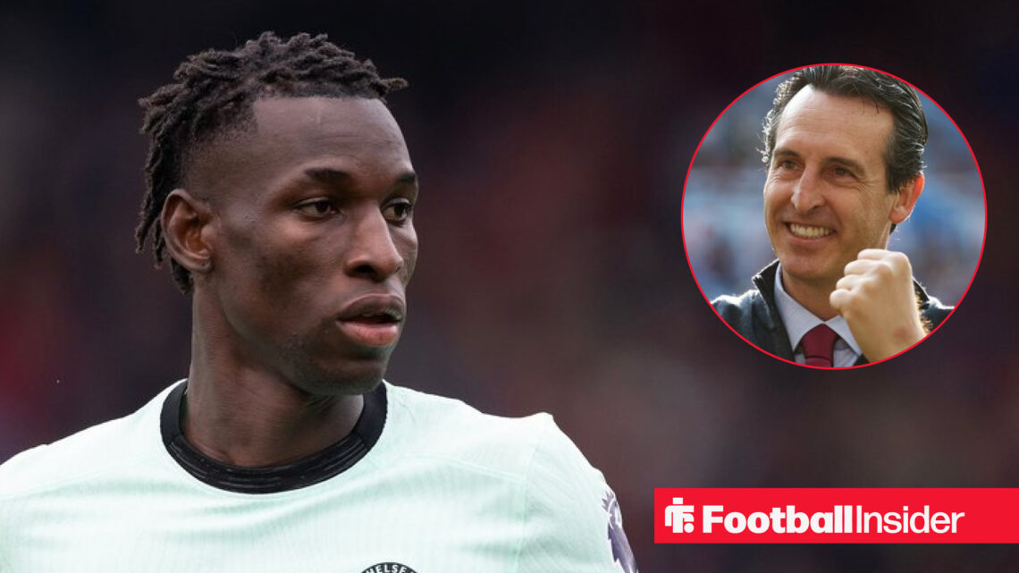 Chelsea striker Nicolas Jackson in an away Chelsea shirt alongside a happy Unai Emery.