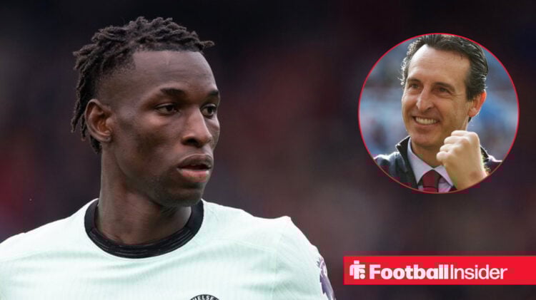 Chelsea striker Nicolas Jackson in an away Chelsea shirt alongside a happy Unai Emery.